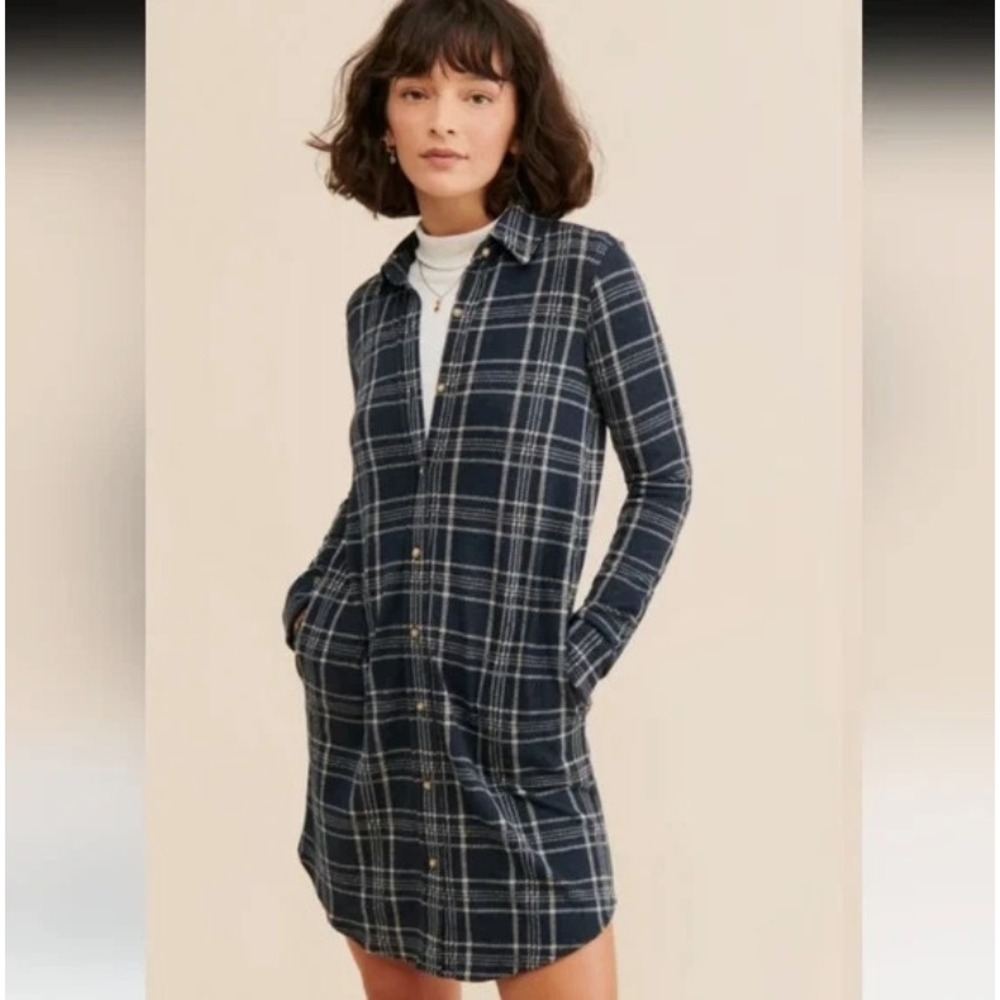 Faherty Shirt Dress Womens XS Plaid Knit Long Sleeve Button Front Blue